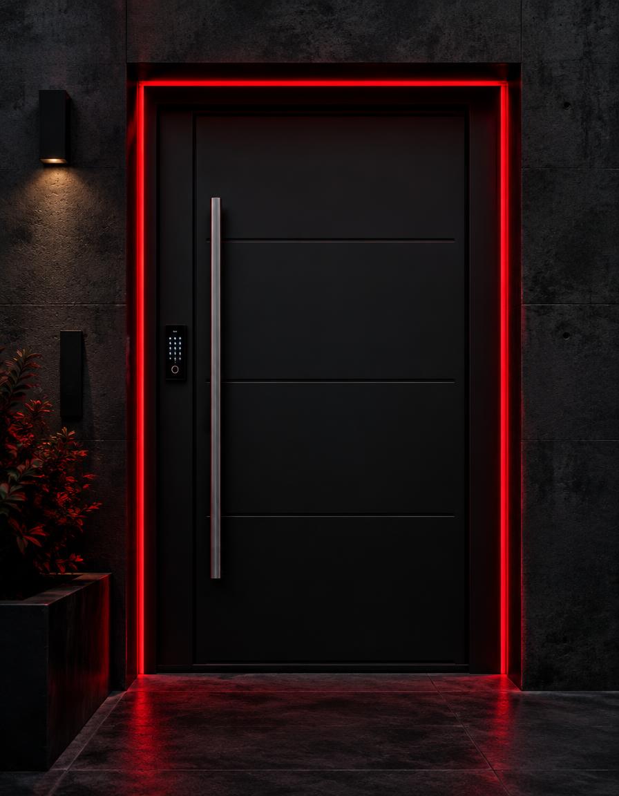 Puerta acorazada negra con luz roja
